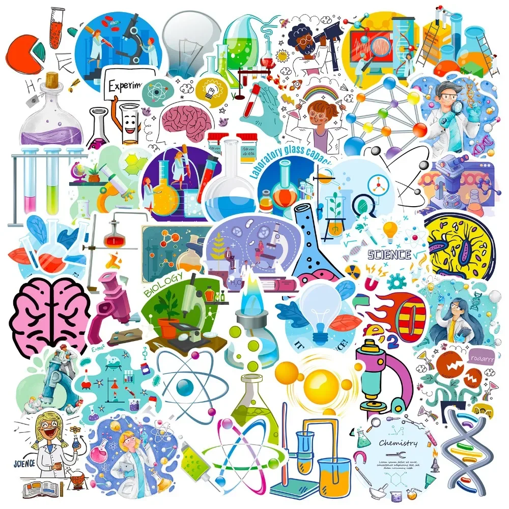 Kids Toys Vintage - 漫画科学実験室ステッカー、DIY装飾、ラップトップ、電話、スケートボード、車、防水、子供向けギフト、50個