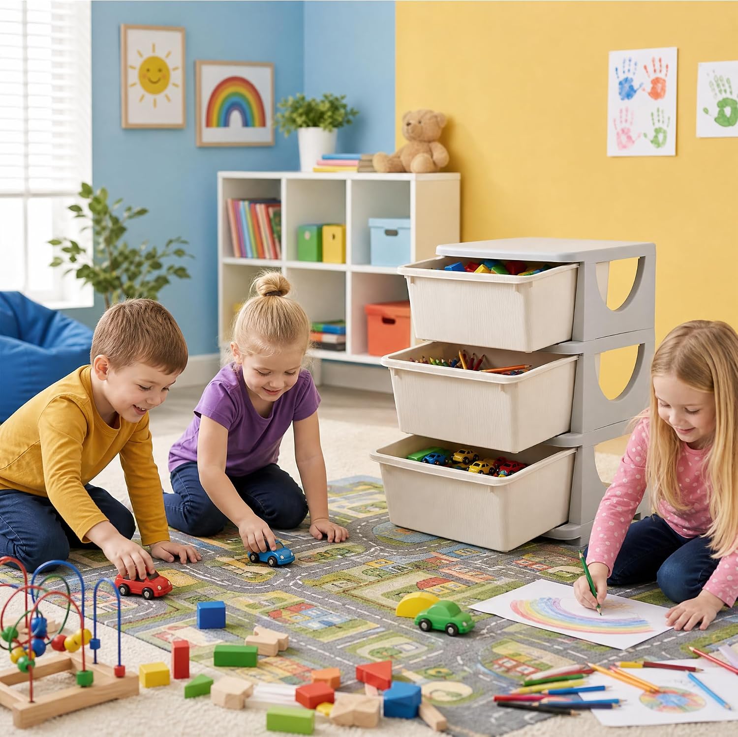 Kids Toys Drawers - 22インチ 3段 PE製 子供用収納引き出しオーガナイザー おもちゃ・本収納キャビネット 滑らかで丸みを帯びた安全な角、湿らせた布で拭いて清掃可能、バリのない滑らかなエッジ