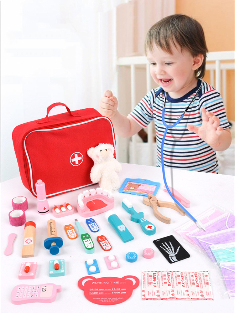 Kids Toys Doctor Set - ごっこ遊びお医者さんおもちゃ木製シミュレーション歯医者チェックブラシ歯磨き薬セットロールプレイング教育玩具子供用
