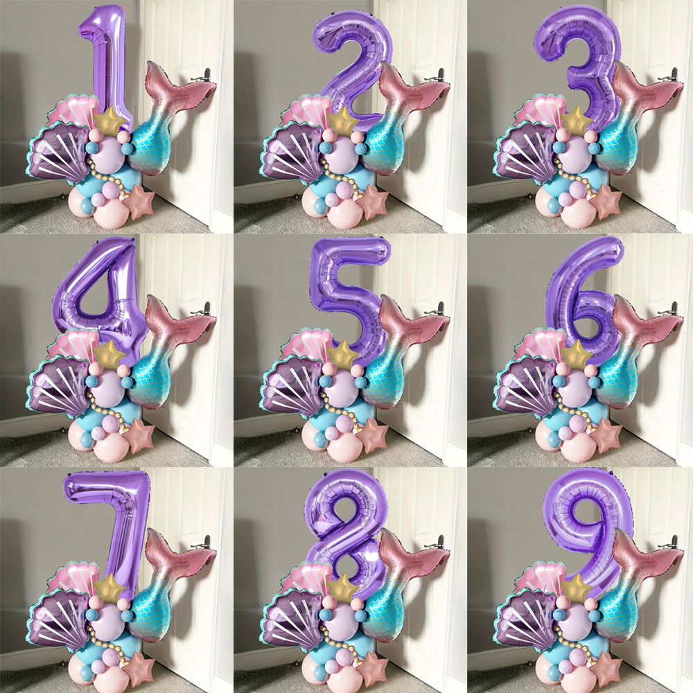 Water Balloon Set - 24個入り 1歳～9歳誕生日用マーメイドシェルバルーンセット、40インチ特大パープルデジタルアルミホイルバルーン、誕生日パーティー海のテーマ
