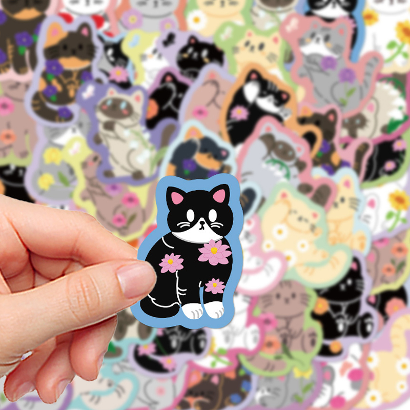 Kids Toys Cartoon Images - 50枚入り カラフルな漫画風花柄猫グラフィティステッカー DIY装飾 トロリー 日記 文房具