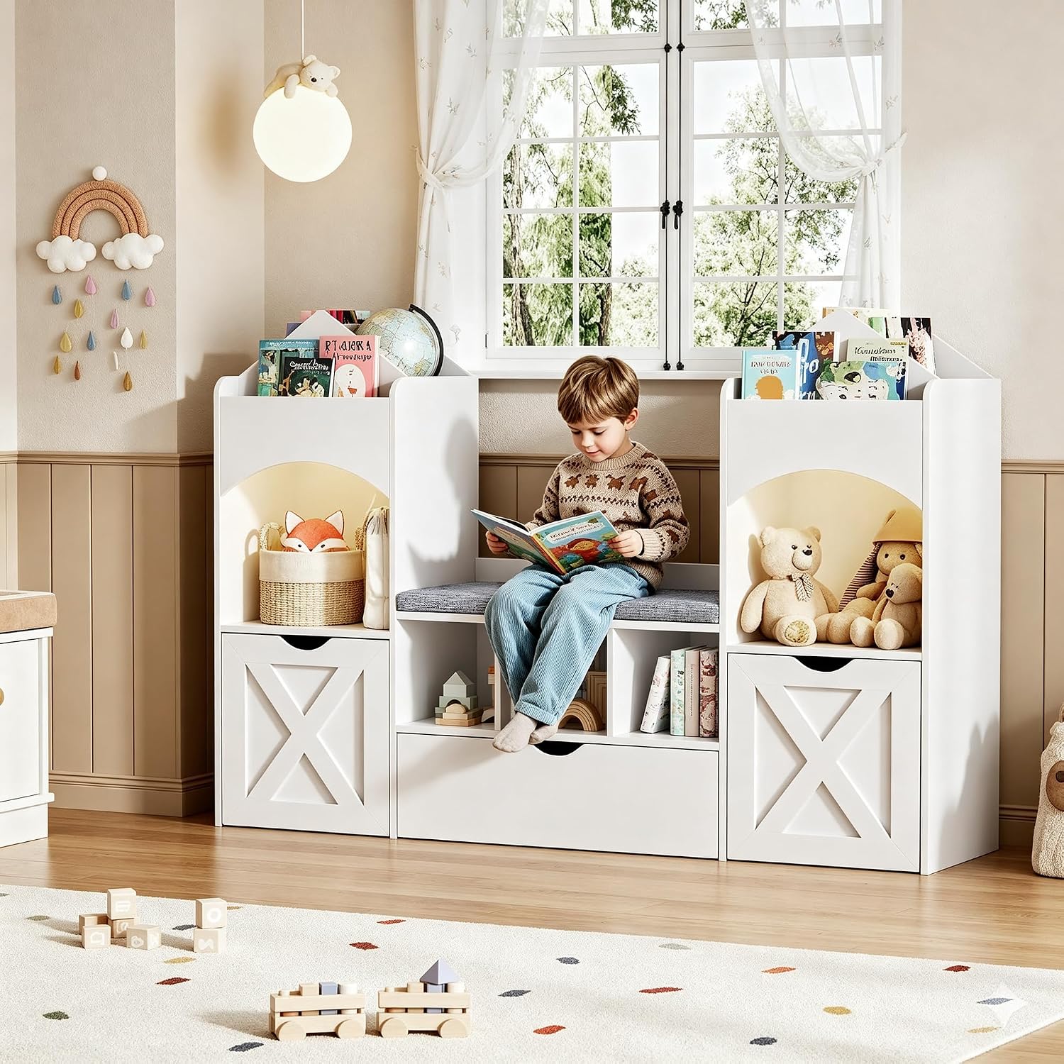 Kids Toys Drawers - お城型子供用本棚読書コーナー ホワイトおもちゃ収納オーガナイザー LEDライト付きブックケース 取り外し可能な引き出し3段 5つの収納棚 保育園用