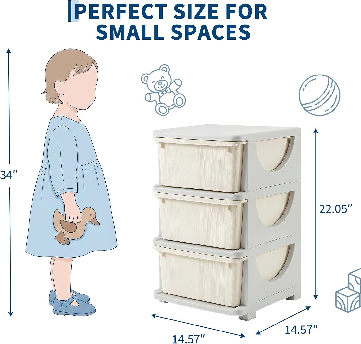 22インチ 3段 PE製 子供用収納引き出しオーガナイザー  - Kids Toys Drawers のレビューと価格