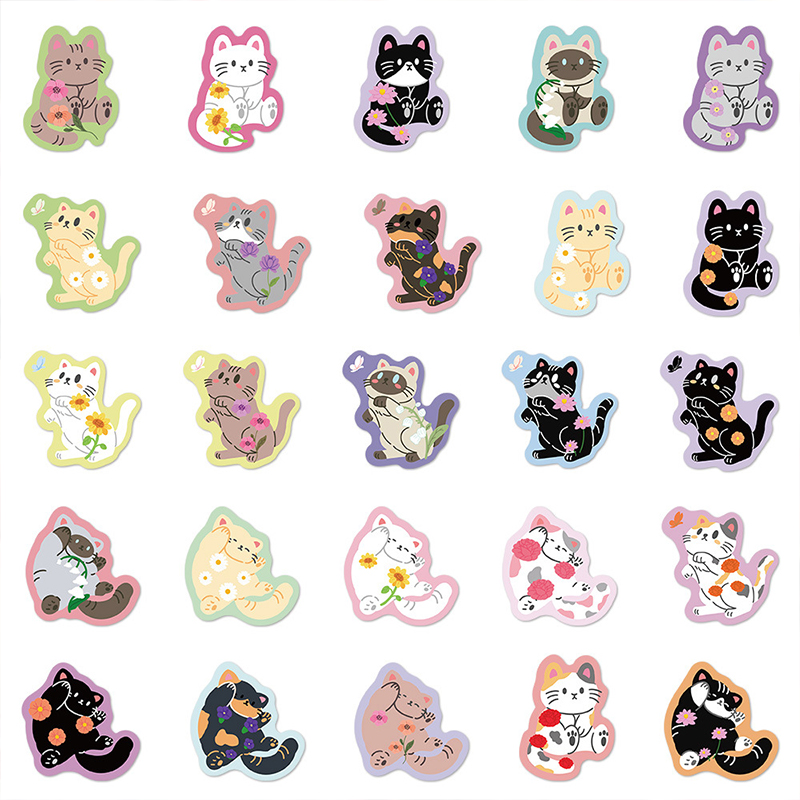 50枚入り カラフルな漫画風花柄猫グラフィティステッカー D - Kids Toys Cartoon Images のレビューと価格