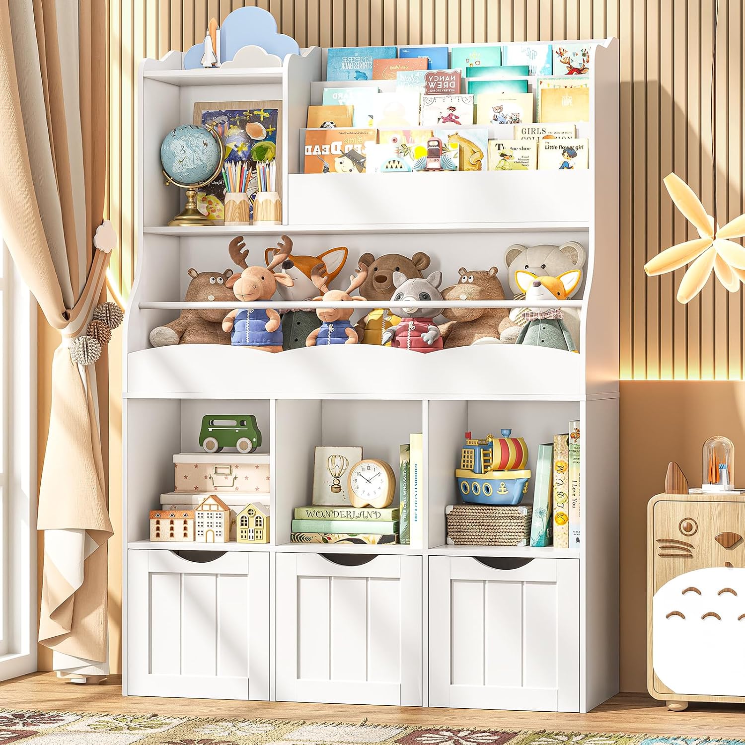 51.18インチの子供用本棚、3段ラックと3つの引き出し付き - Kids Toys Drawers のレビューと価格